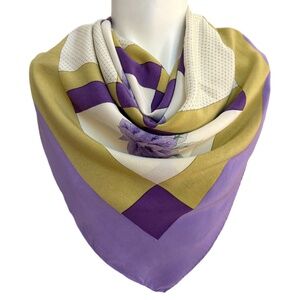 Vintage Gu Yun He 100% Silk Scarf - Purple & Gold Floral - Hand Rolled Edges